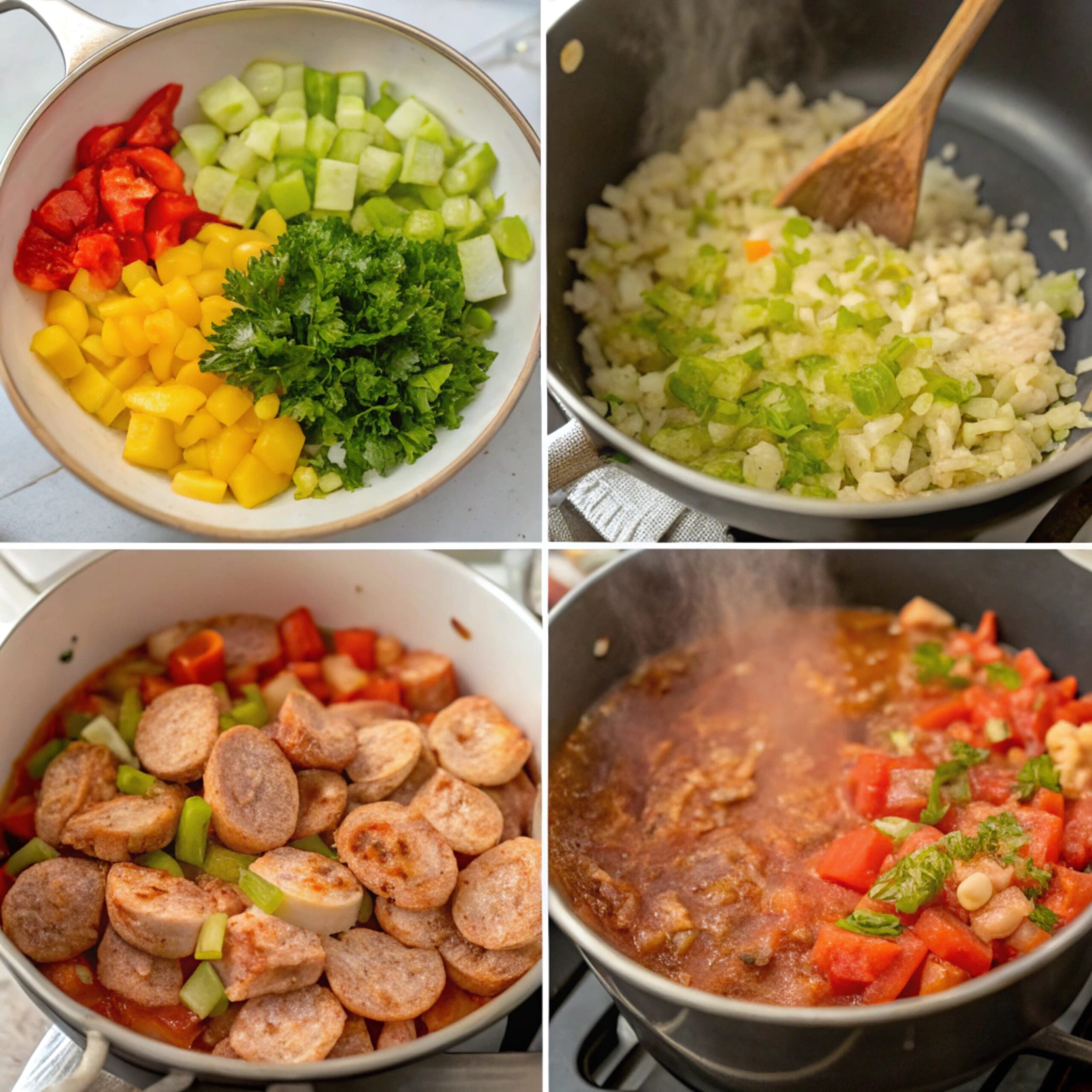 A vibrant bowl of Cajun jambalaya showcasing rice, chicken, sausage, and vegetables—perfect for a hearty dinner.