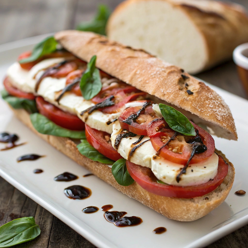 Close-up of the sliced Caprese Sandwich showing the layers of mozzarella, tomatoes, basil, and crusty bread