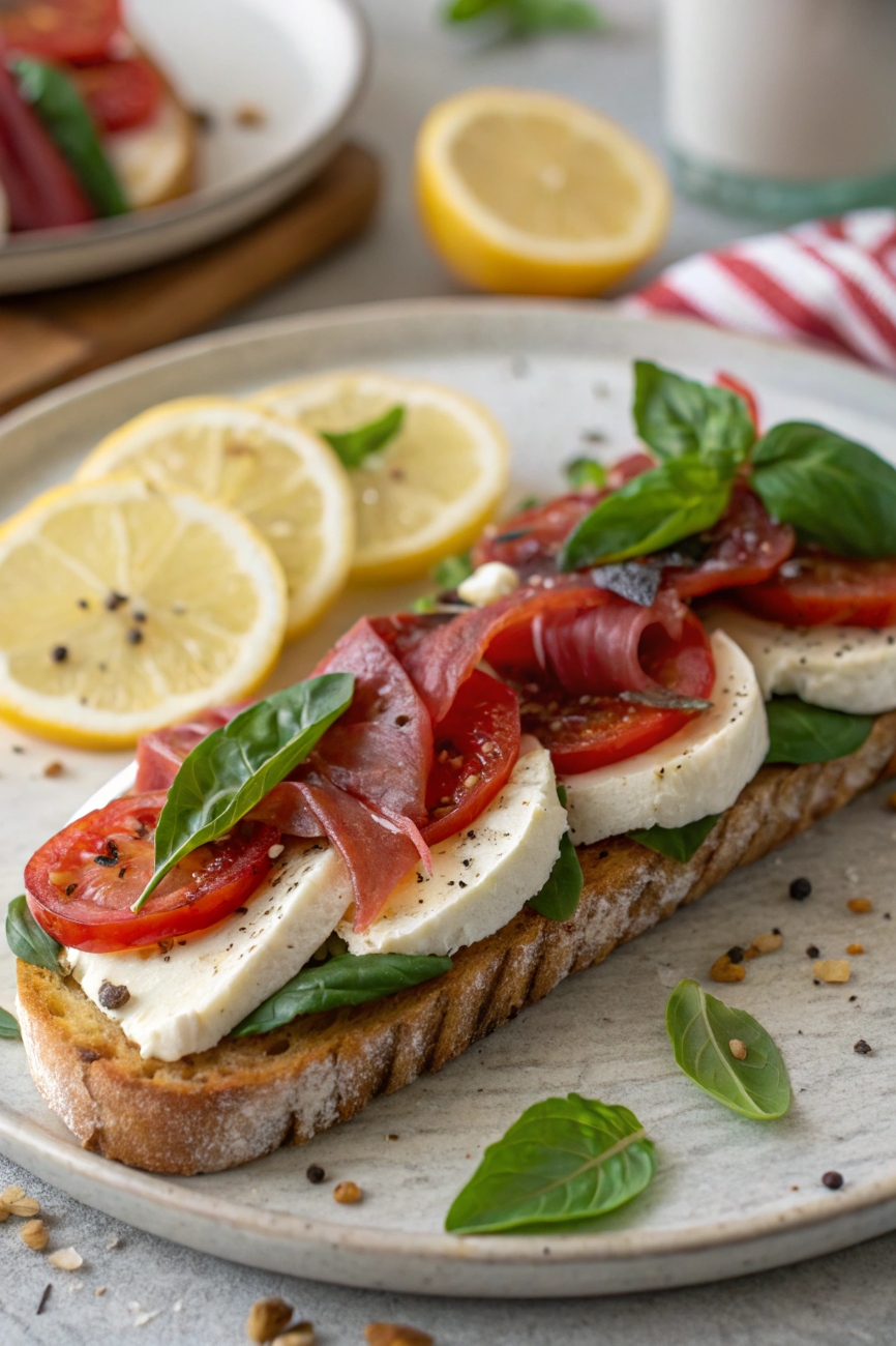 Caprese Sandwich garnished with extra basil leaves and lemon wedges on a plate  
