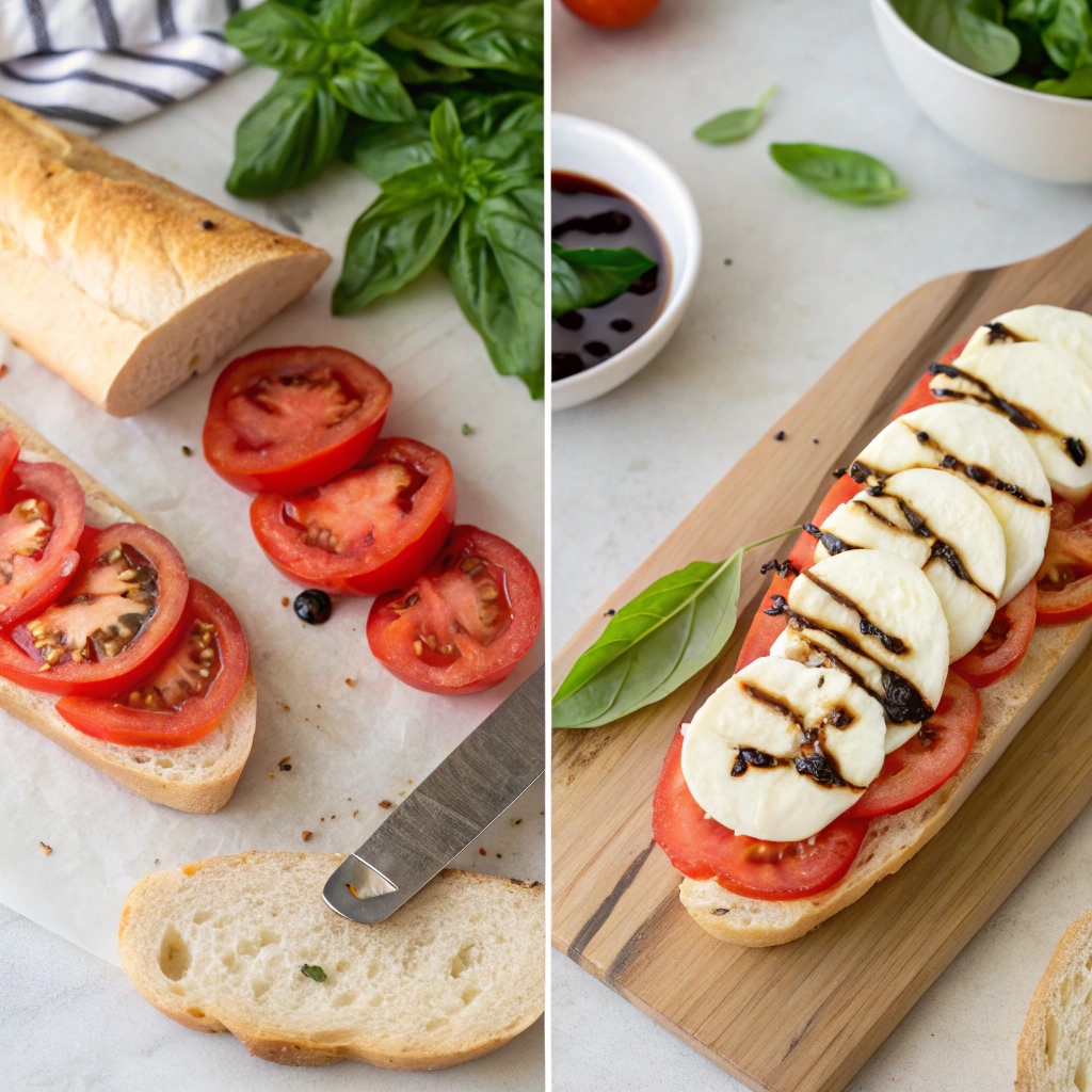 Fresh mozzarella, ripe tomatoes, basil leaves, bread slices, olive oil, and balsamic glaze arranged on a wooden board  