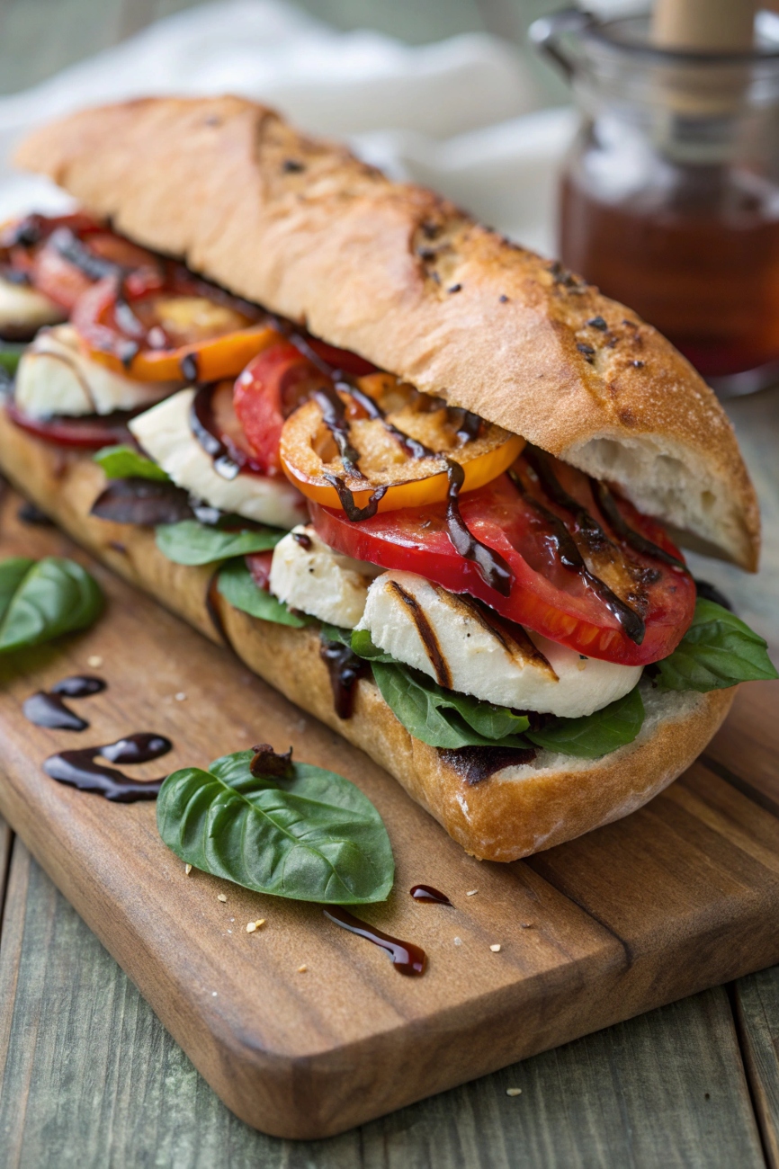 Caprese sandwich with roasted vegetables, fresh tomatoes, mozzarella, basil, and a drizzle of balsamic glaze  