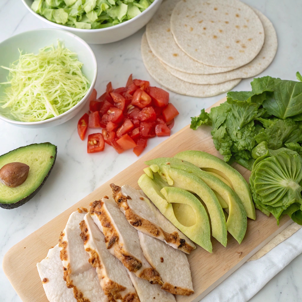 A neatly arranged flat lay of ingredients for chicken avocado wraps, including cooked shredded chicken, ripe avocados, whole wheat tortillas, fresh lettuce, cherry tomatoes, shredded cheese, and a small bowl of dressing or sauce.