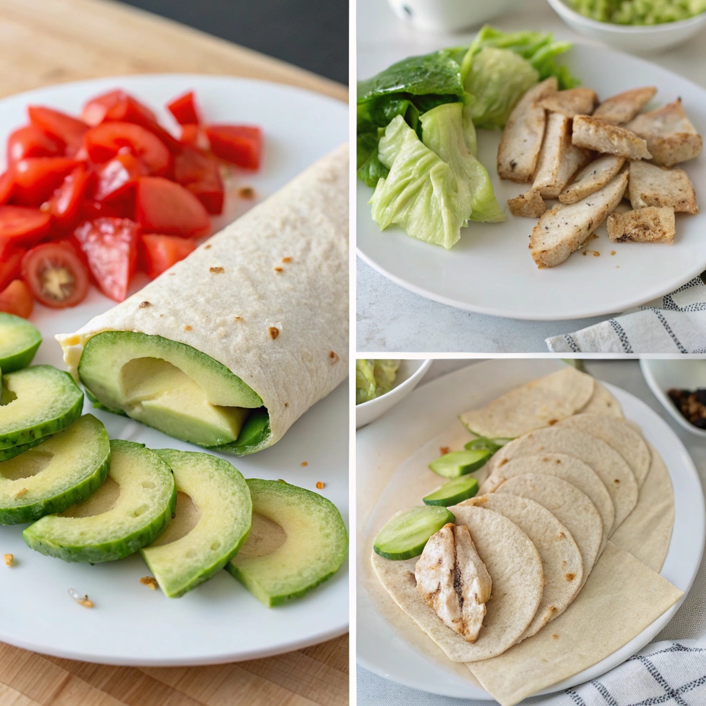 A step-by-step collage showing the process of making chicken avocado wraps: spreading ingredients on the tortilla, adding chicken and vegetables, rolling the wrap, and cutting it in half.