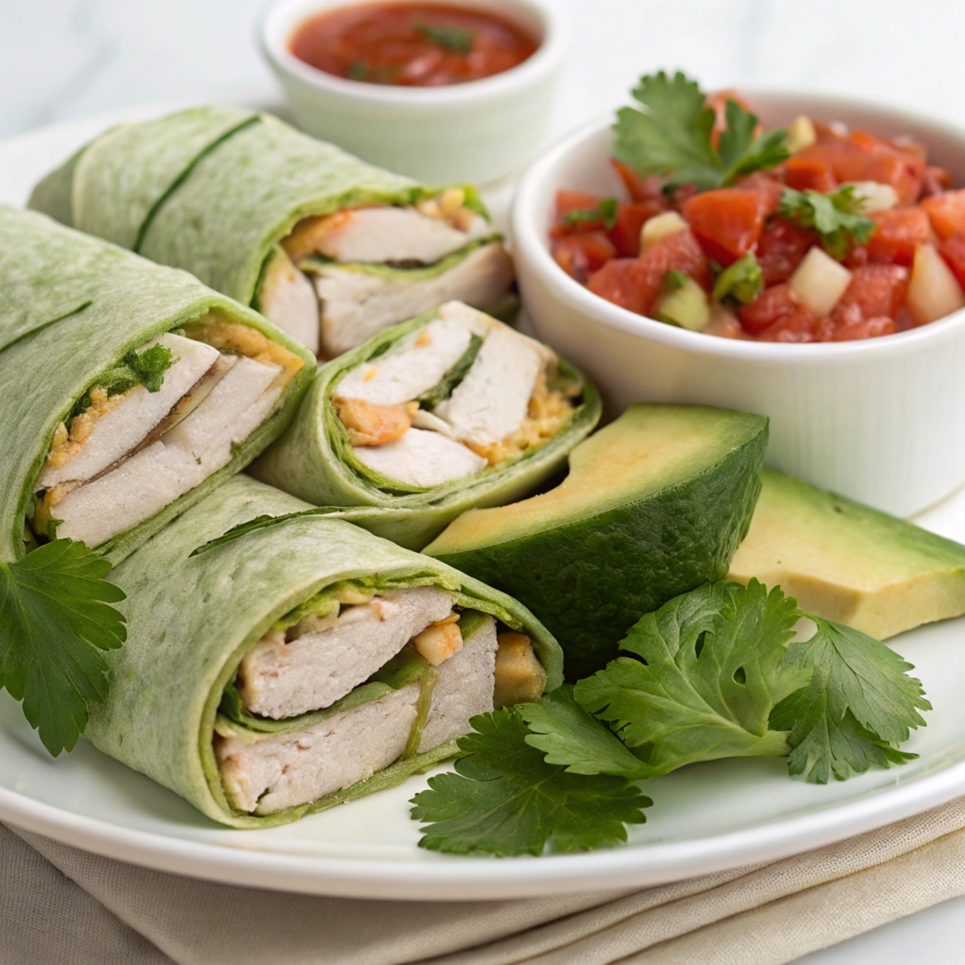 A close-up of a fresh, healthy chicken avocado wrap filled with colorful vegetables and lean chicken, sliced in half to show the ingredients.