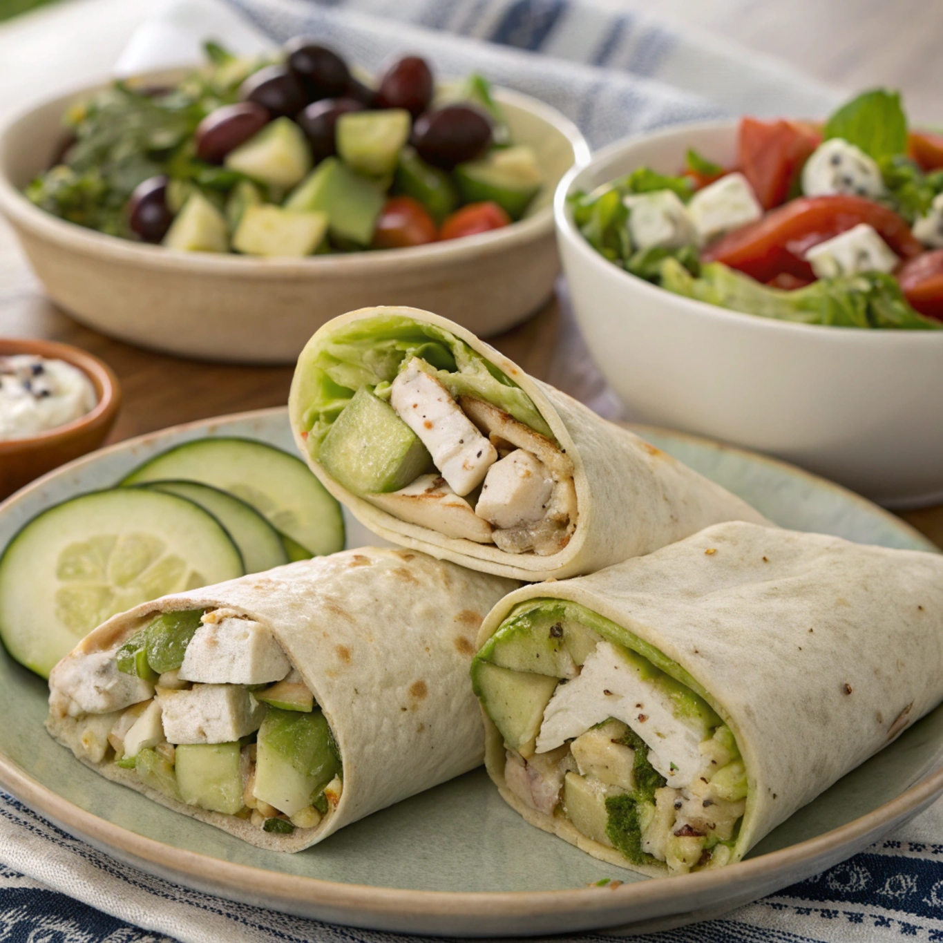 A plate featuring a chicken avocado wrap served alongside a fresh side salad with mixed greens, cherry tomatoes, and vinaigrette.