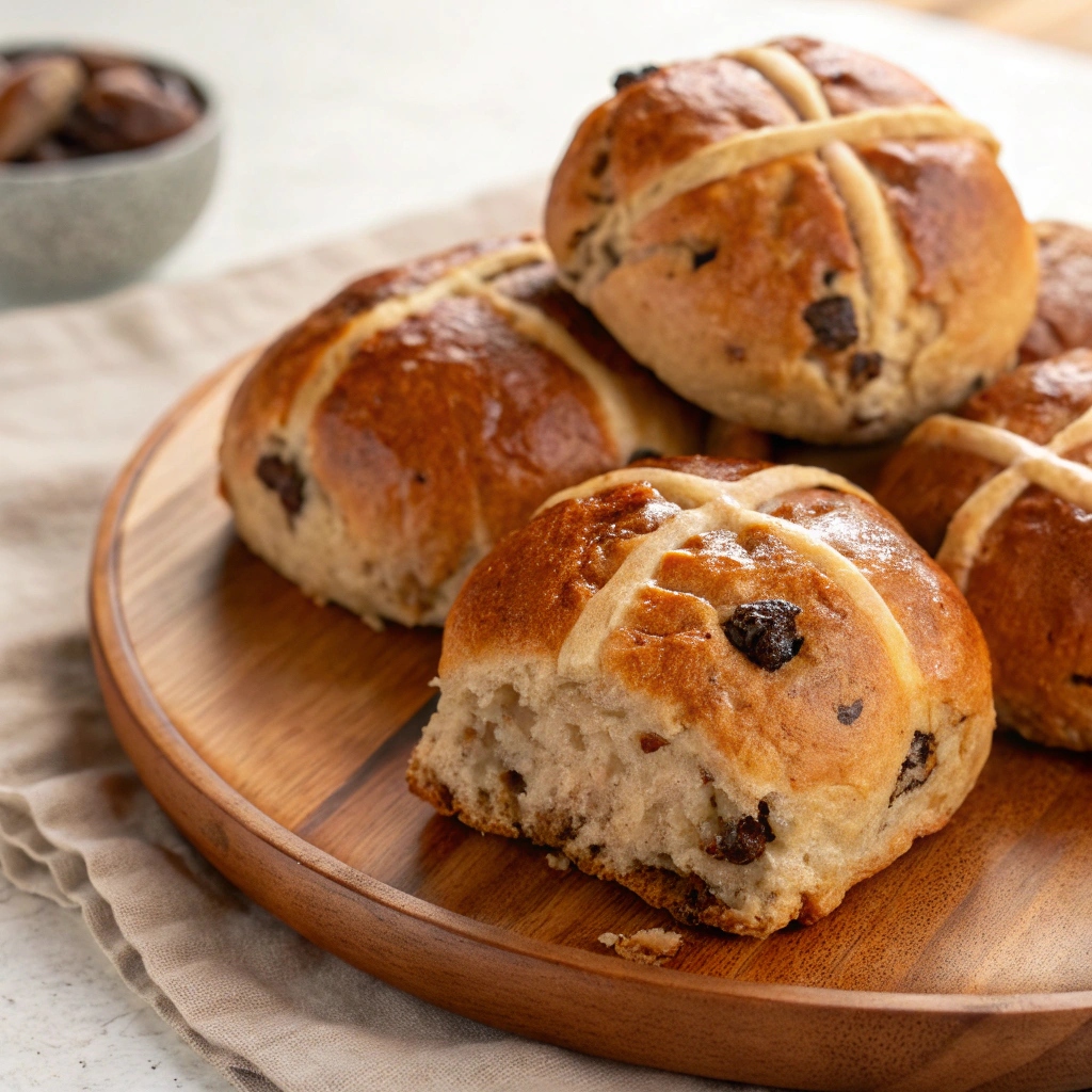 A basket of freshly baked chocolate chip hot cross buns topped with a shiny glaze and piped crosses, with chocolate chips visible inside.