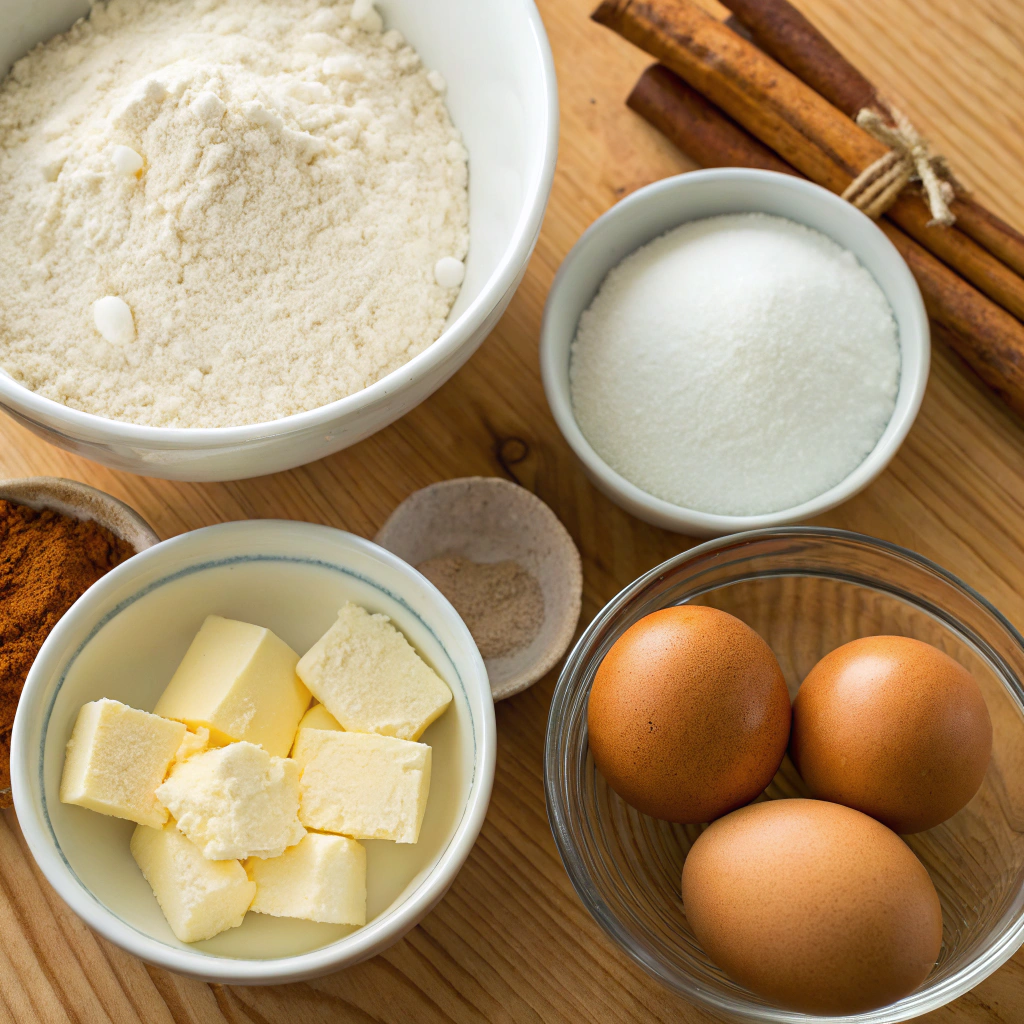 A close-up of various ingredients for cinnamon rolls, including flour, butter, sugar, cinnamon, yeast, and milk, arranged on a kitchen countertop.