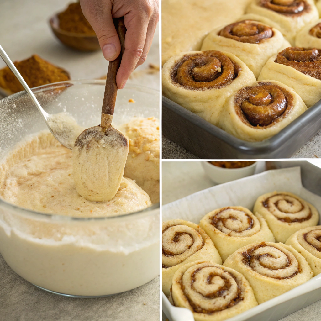A step-by-step collage showing the process of making cinnamon rolls, including mixing dough, rolling out, spreading filling, rolling up, slicing, and baking.