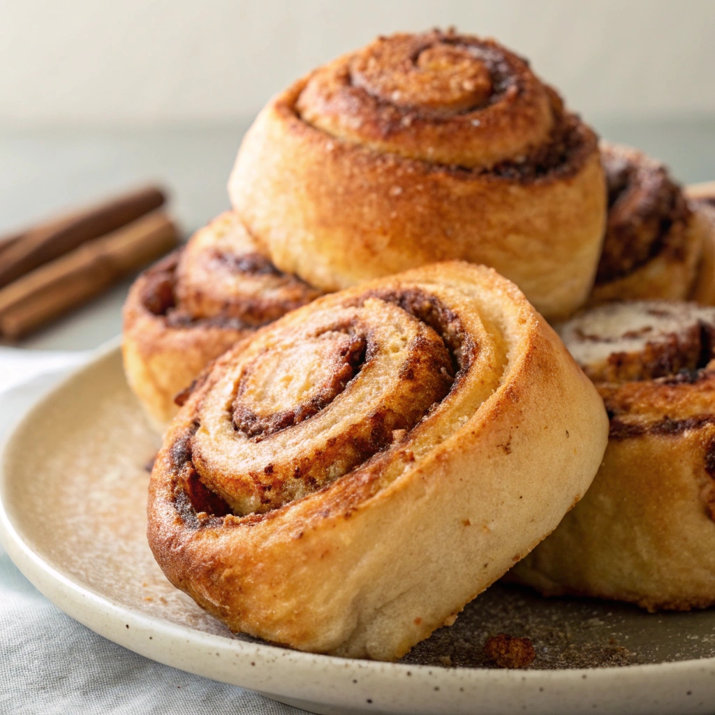 A plate of freshly baked cinnamon roll recipe topped with creamy frosting, with swirls of cinnamon filling visible