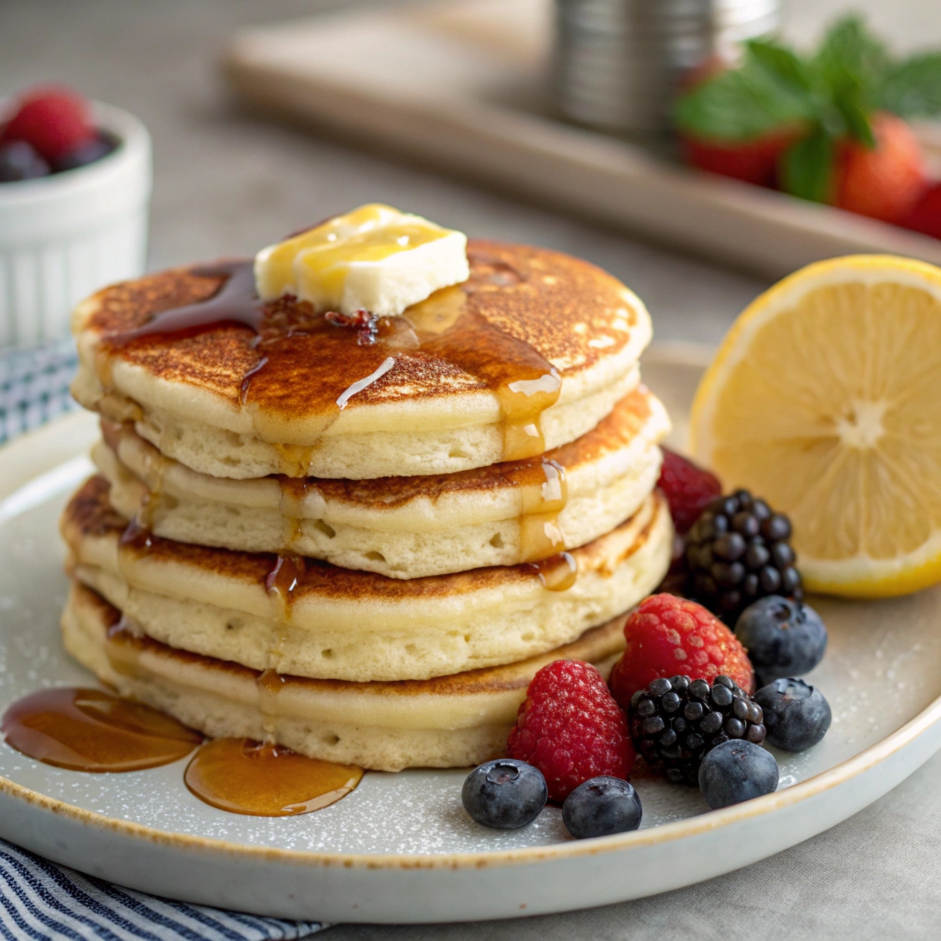 Close-up of a stack of golden, fluffy pancakes topped with syrup and fresh berries on a plate.