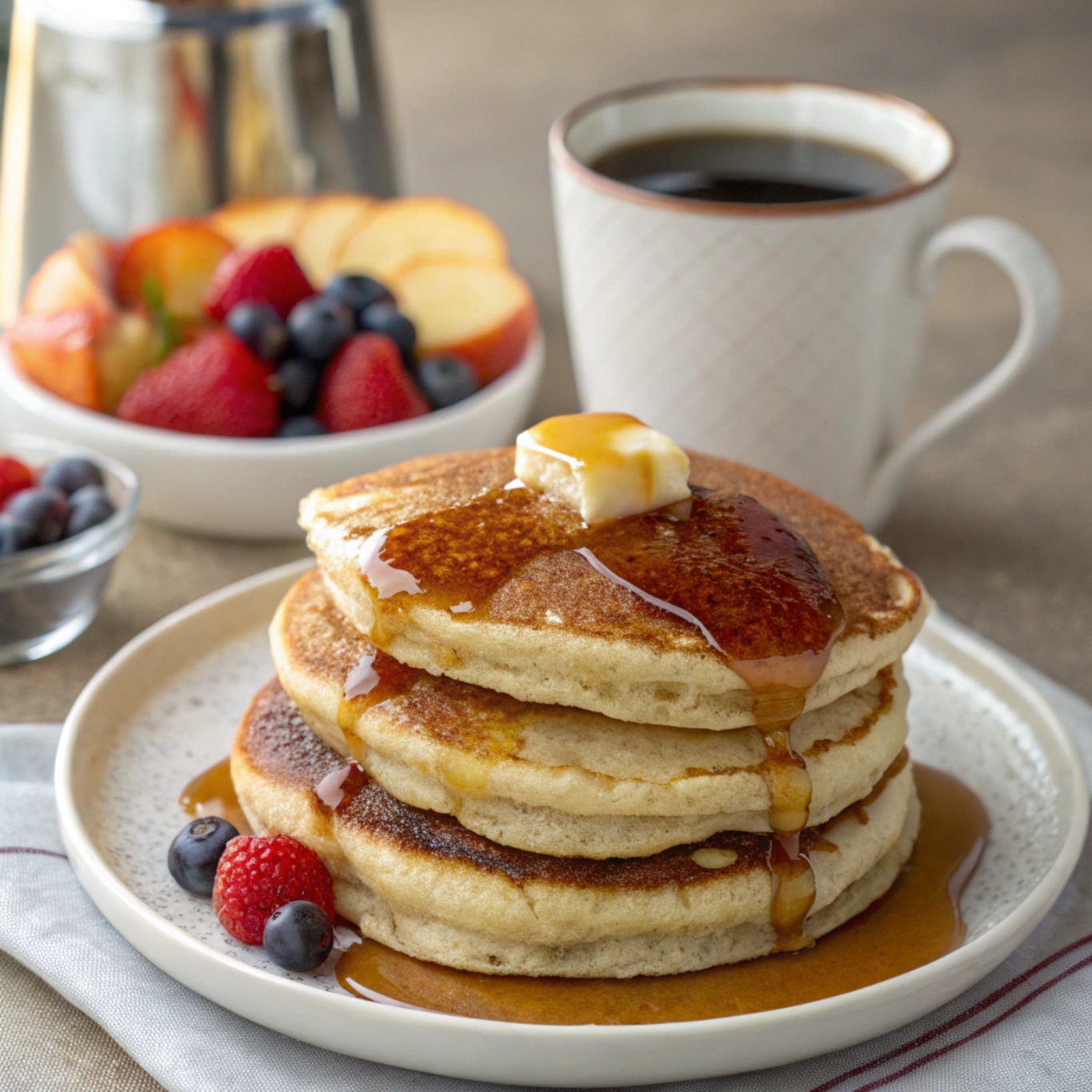 Close-up of a stack of golden, fluffy pancakes topped with syrup and fresh berries on a plate.