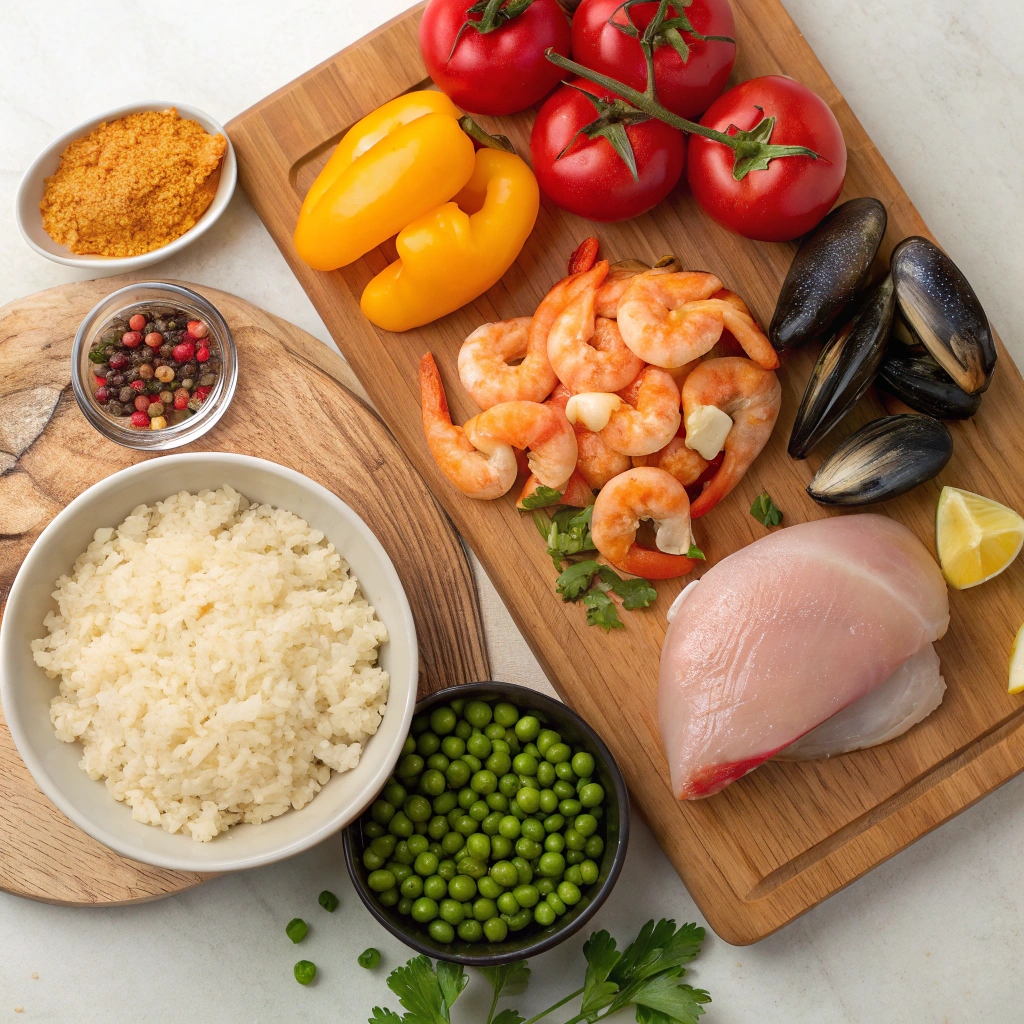 Assorted ingredients for paella recipe including seafood, chopped vegetables, saffron, and short-grain rice arranged on a kitchen counter.
