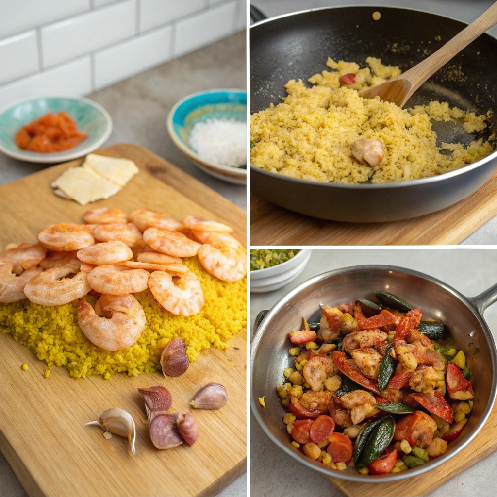 Sequence of images showing the steps to make paella, including sautéing ingredients, adding rice and broth, and cooking seafood and vegetables in a large paella pan.
