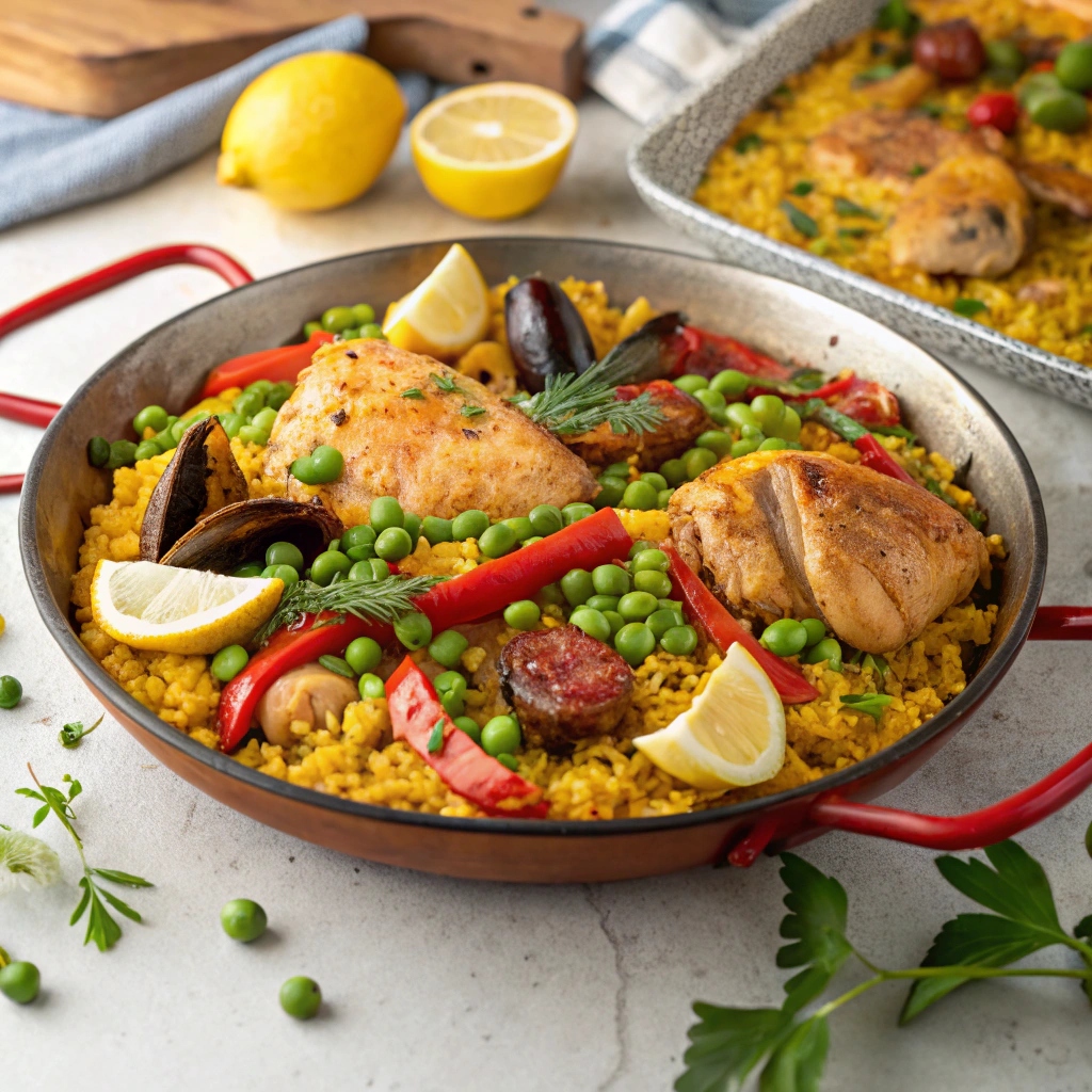 Delicious paella recipe with vibrant ingredients and flavors.