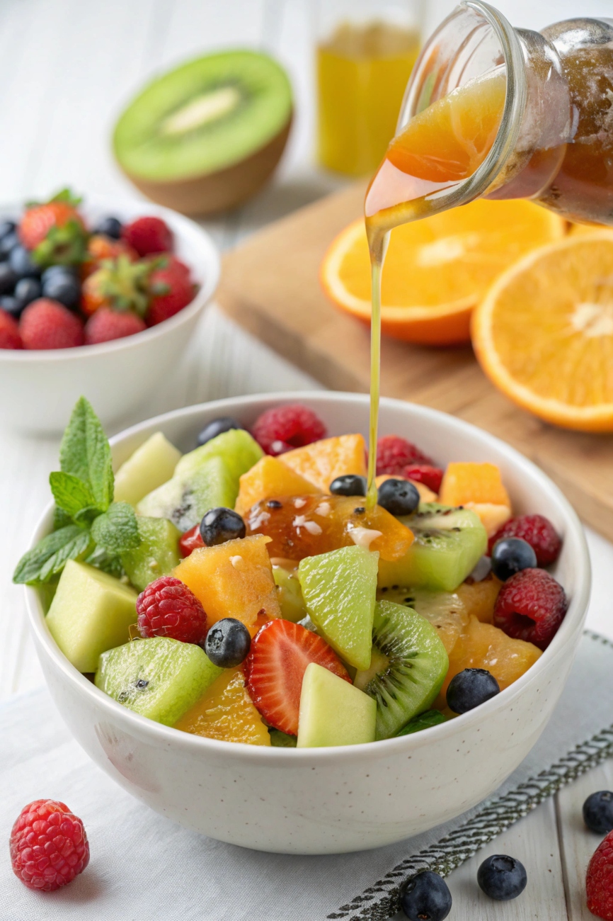 Colorful fresh fruit salad with sliced melons, berries, oranges, and kiwi topped with honey-lime dressing