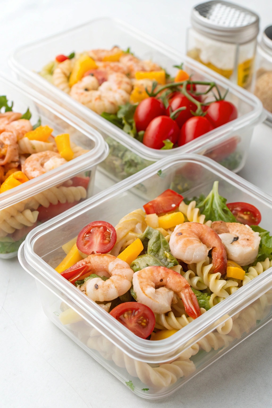 Containers of prepared shrimp pasta salad ready for storage and quick meals, with fresh vegetables and shrimp visible.