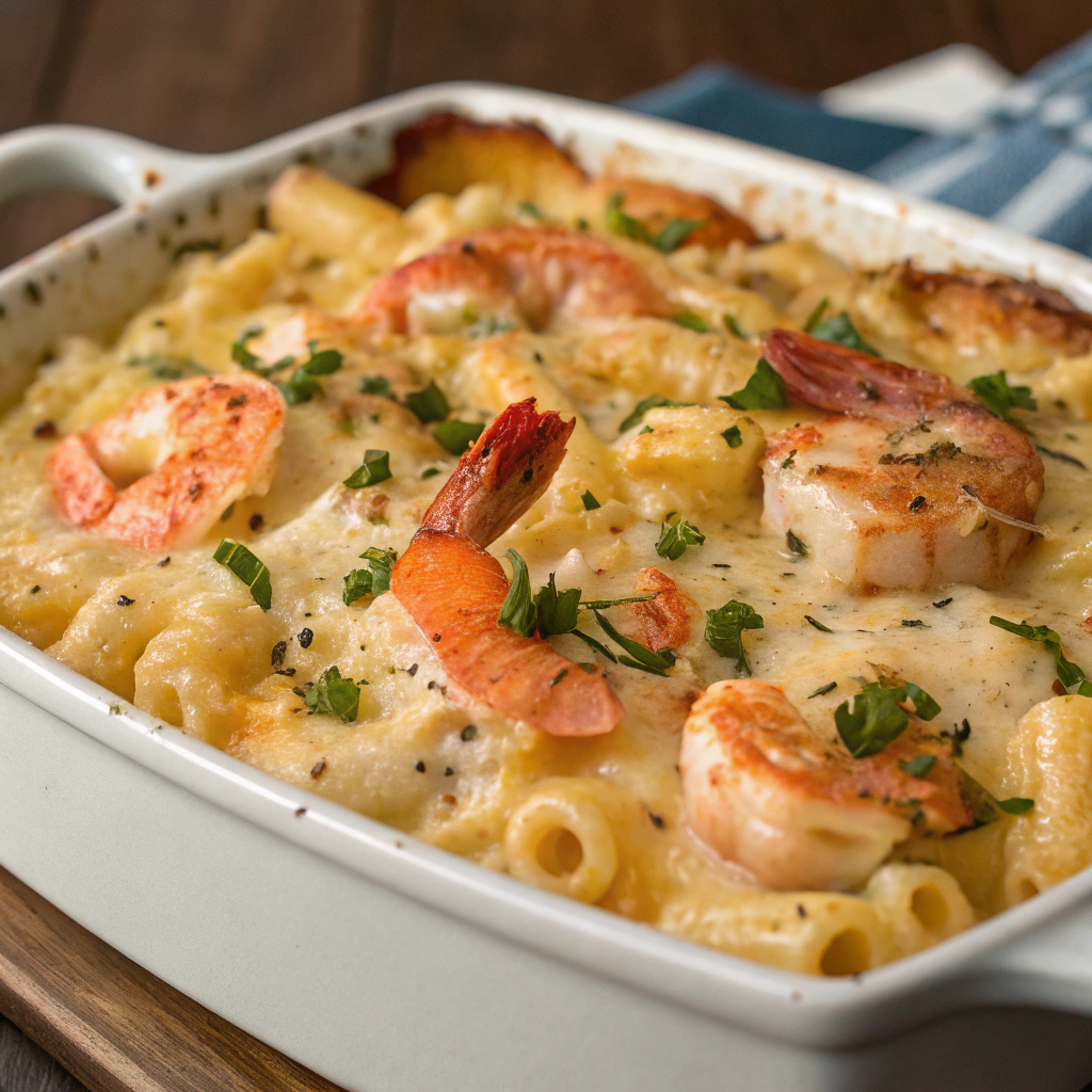 Creamy seafood baked mac and cheese with shrimp, lobster, and melted cheese topped with herbs