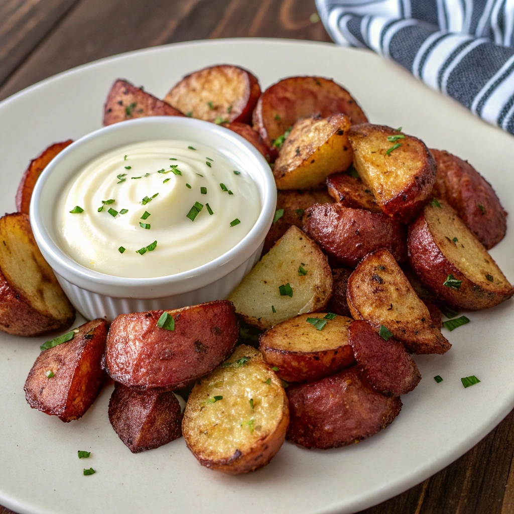 Close-up of crispy, golden roasted new red potatoes with herbs  