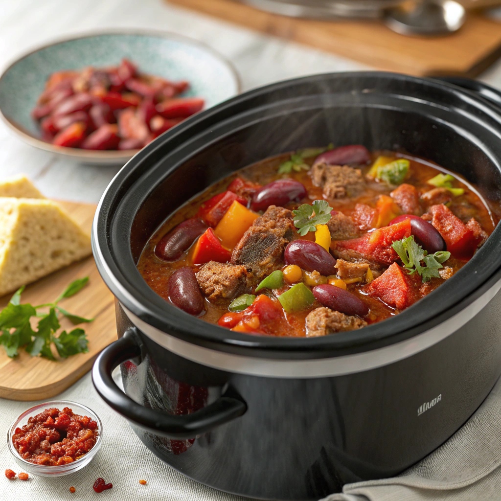 A bowl of hearty crockpot chili topped with shredded cheese and cilantro, showcasing a mix of beans and vegetables—perfect for a warm meal.