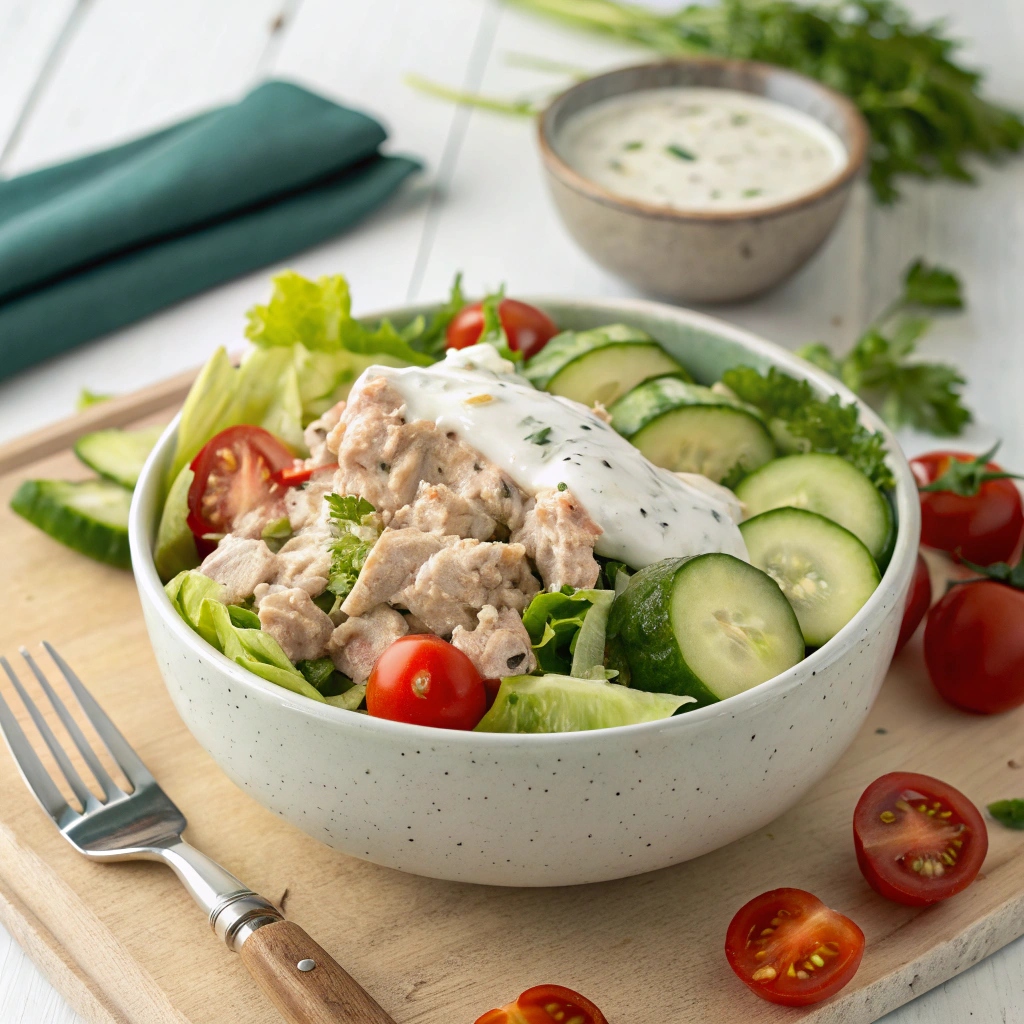 Delicious homemade Tuna Salad Recipe with fresh vegetables and creamy dressing