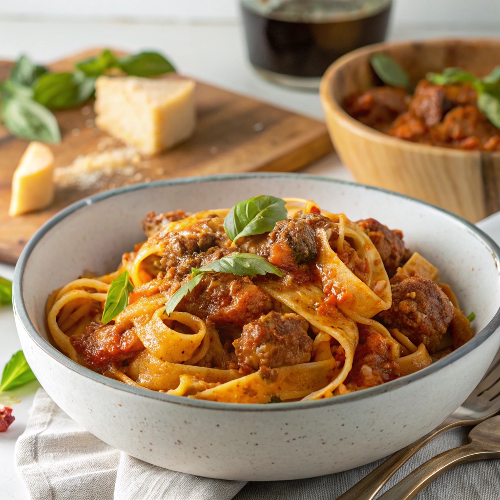 "Rich and hearty sausage ragu served over pasta, showcasing its flavorful sauce - a comforting sausage ragu recipe perfect for family dinners."