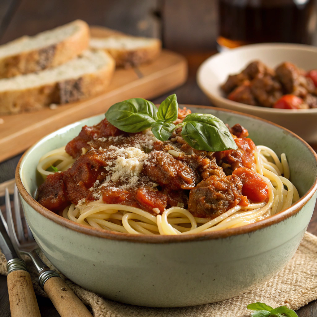 A plate of spaghetti topped with hearty sausage ragu, garnished with fresh herbs and grated cheese.