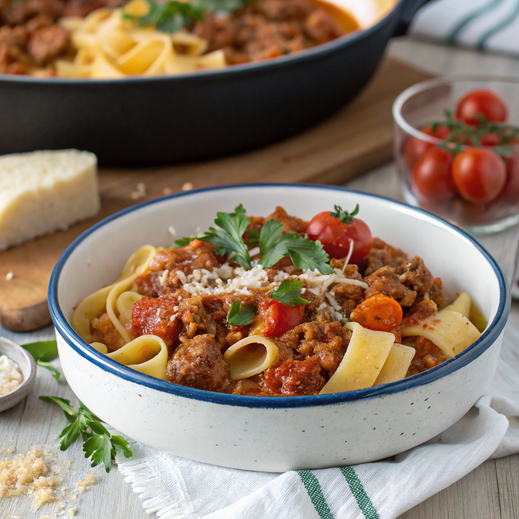 A steaming bowl of sausage ragu over pasta garnished with fresh herbs and grated cheese, with a side of crusty bread.
