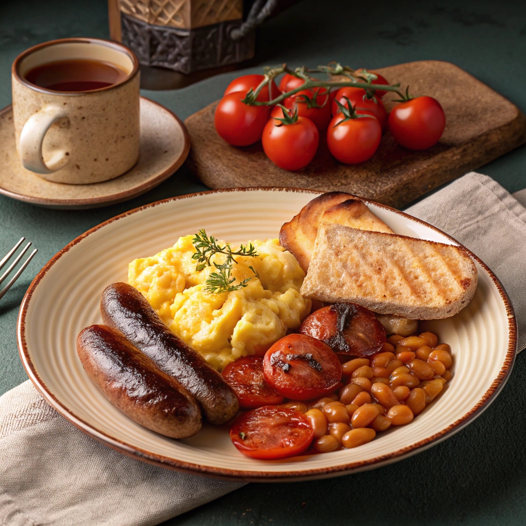 An arrangement of the main components of a traditional English breakfast recipes, including eggs, sausages, baked beans, grilled tomatoes, mushrooms, and toasted bread.