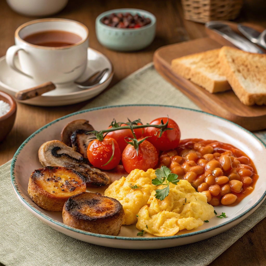 A colorful English breakfast platter with scrambled eggs, plant-based sausages, grilled vegetables, toast with jam, and fresh herbs.