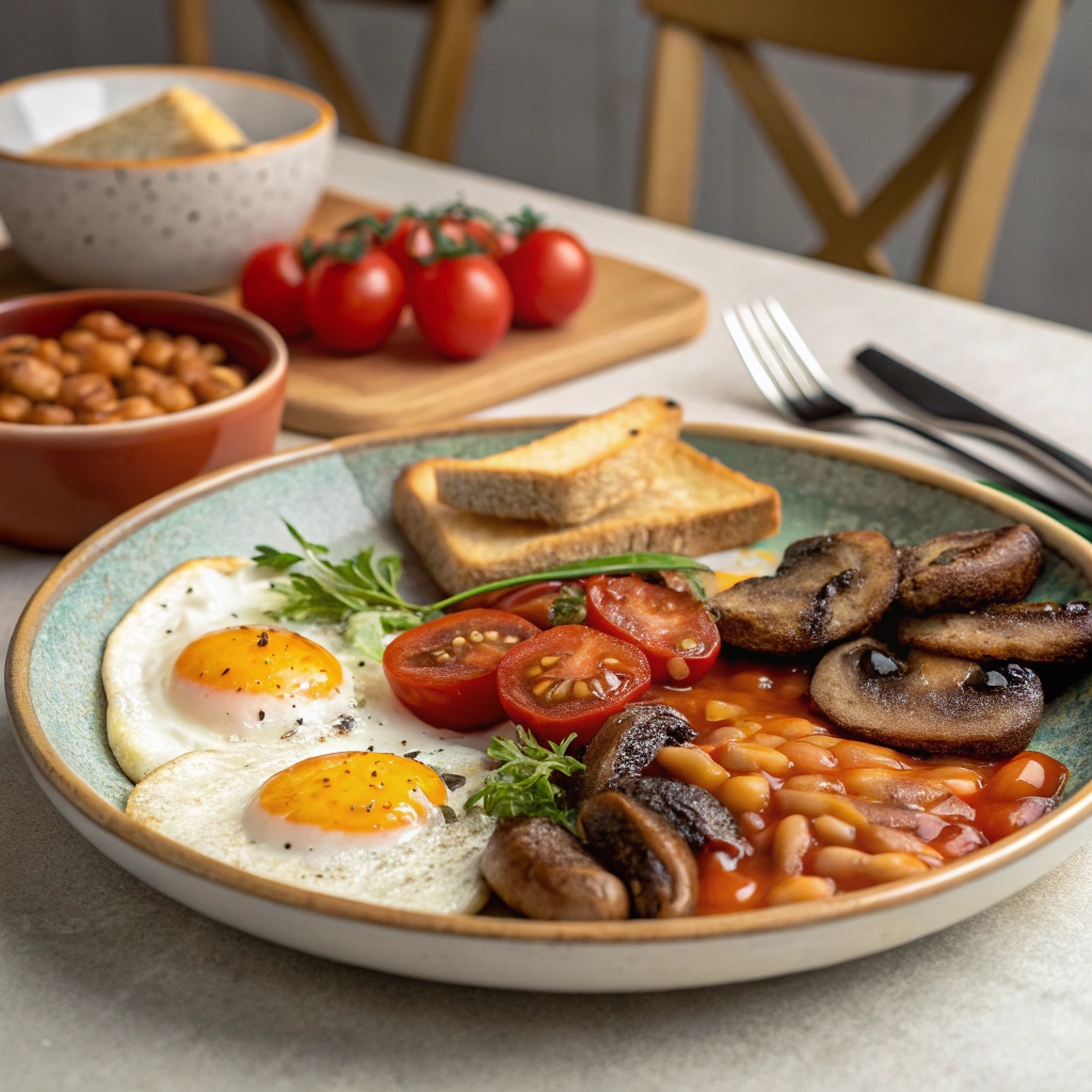 A classic full English breakfast plate with fried eggs, sausages, baked beans, grilled tomatoes, mushrooms, and buttered toast.