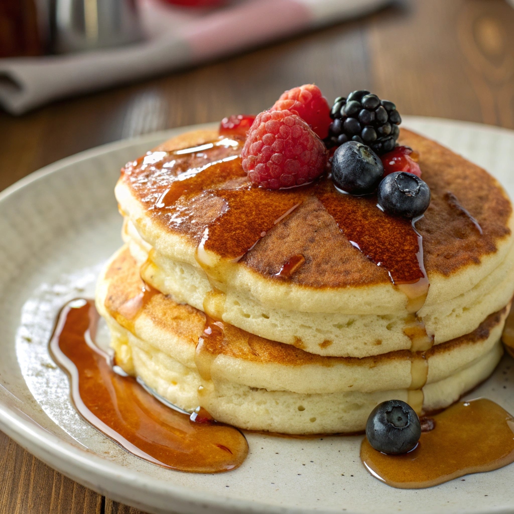Stack of fluffy pancakes topped with fresh berries, maple syrup, and a pat of melting butter.