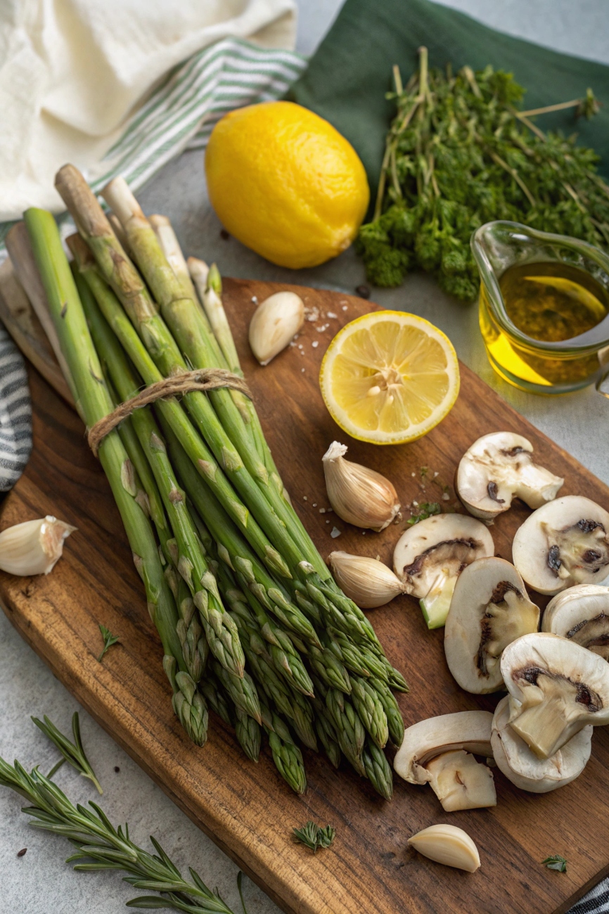 Fresh asparagus, sliced mushrooms, garlic, lemon, herbs, and olive oil arranged on a wooden board