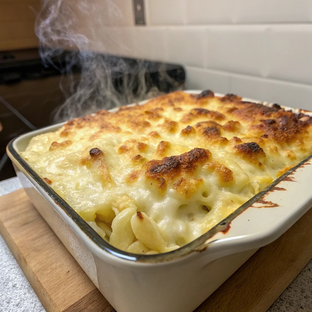Golden baked mac and cheese in a baking dish with bubbling cheese crust