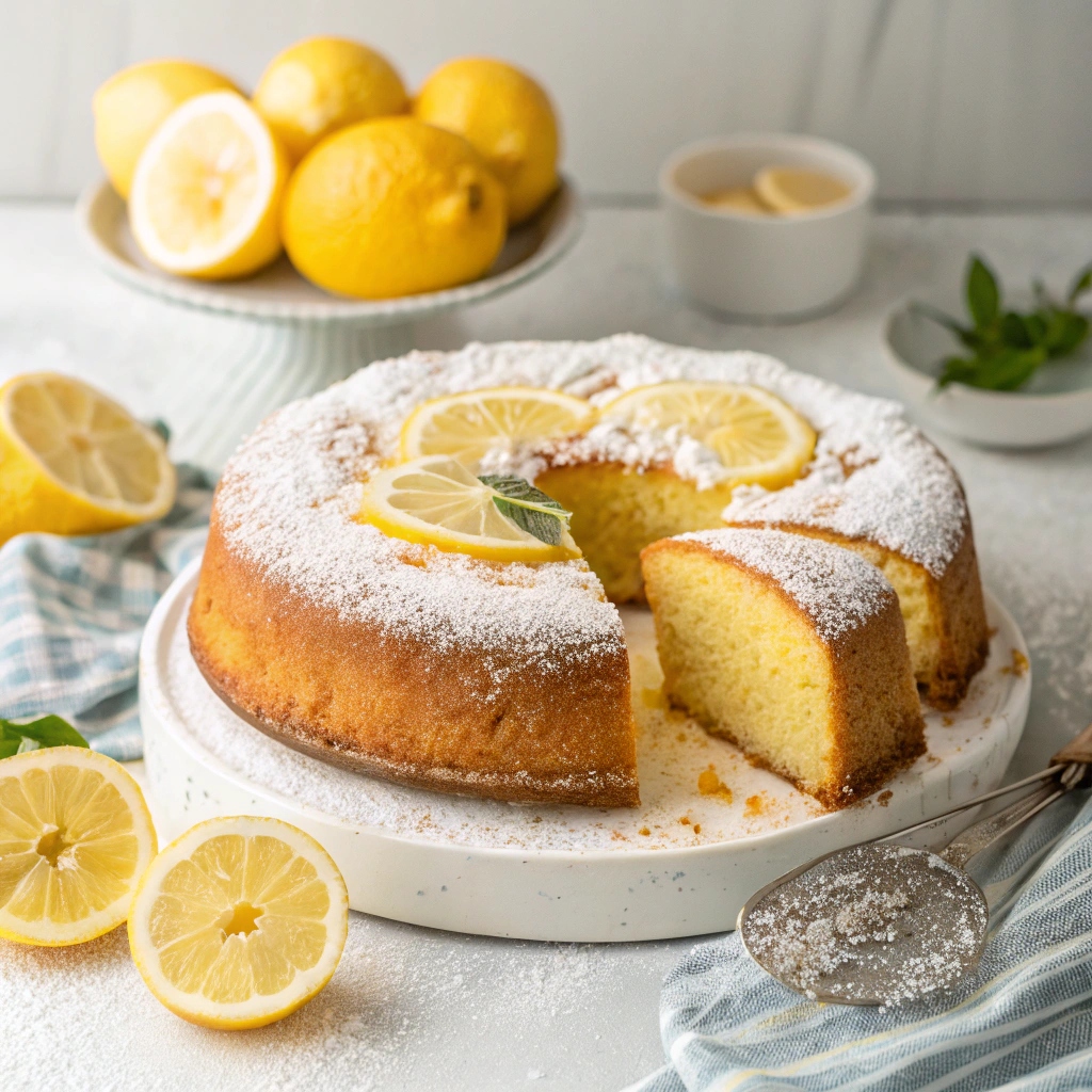 A freshly baked Greek Lemon Cake decorated with lemon zest and glaze, garnished with lemon slices and herbs on a serving platter.