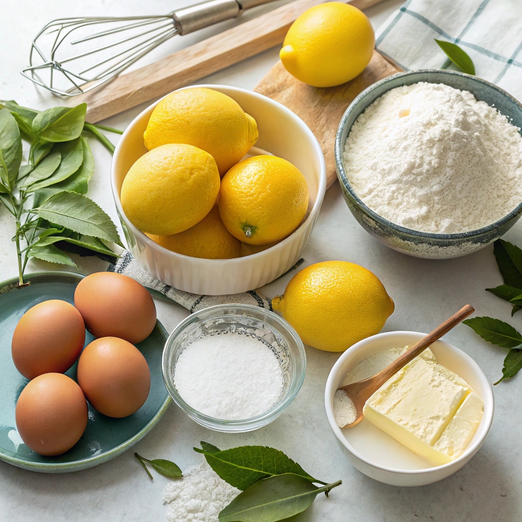 An arrangement of ingredients for Greek Lemon Cake, including fresh lemons, flour, sugar, eggs, butter, baking powder, and a bowl of lemon zest and juice.