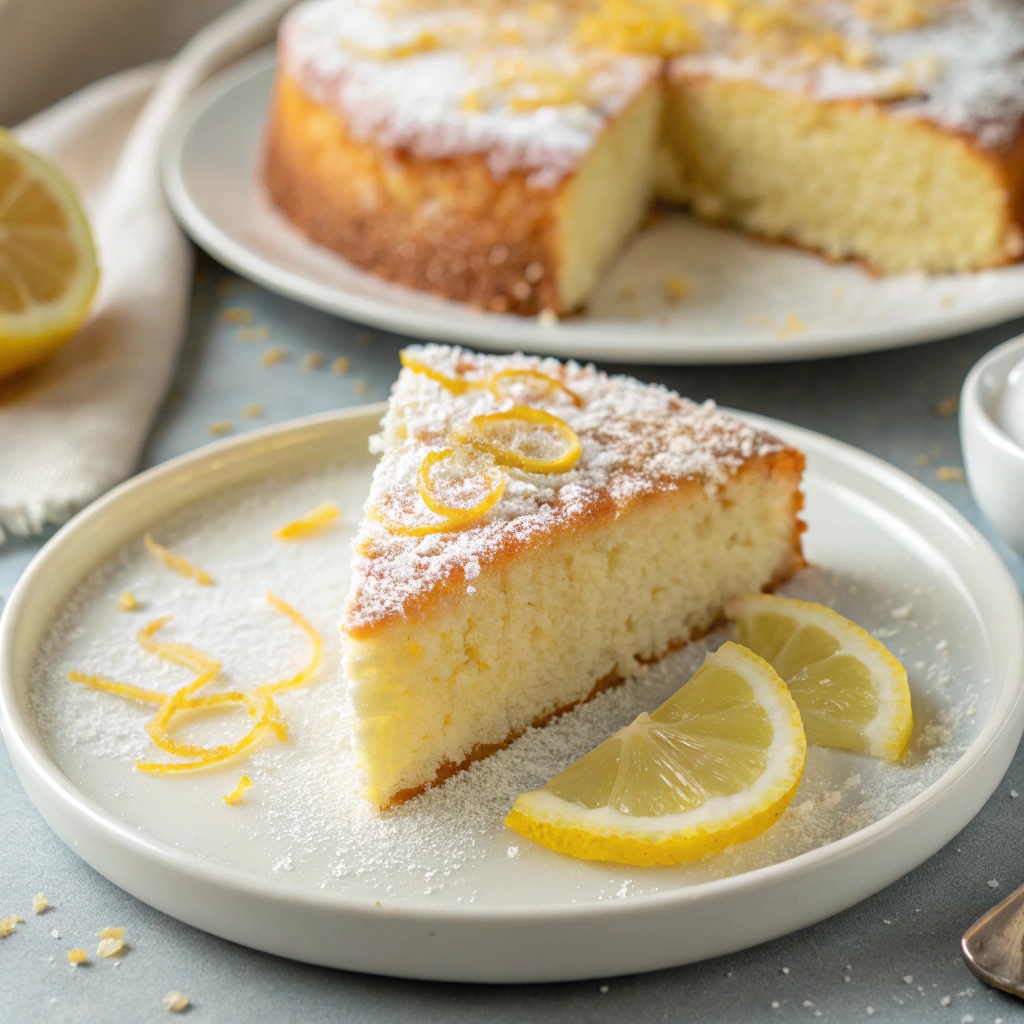 A slice of Greek Lemon Cake with lemon zest topping and a drizzle of lemon glaze, served on a white plate with fresh lemon slices in the background.