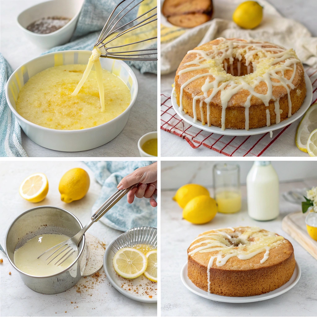 A collage of images showing the step-by-step process of making Greek Lemon Cake, including mixing batter, pouring into the pan, baking, soaking with lemon syrup, and glazing