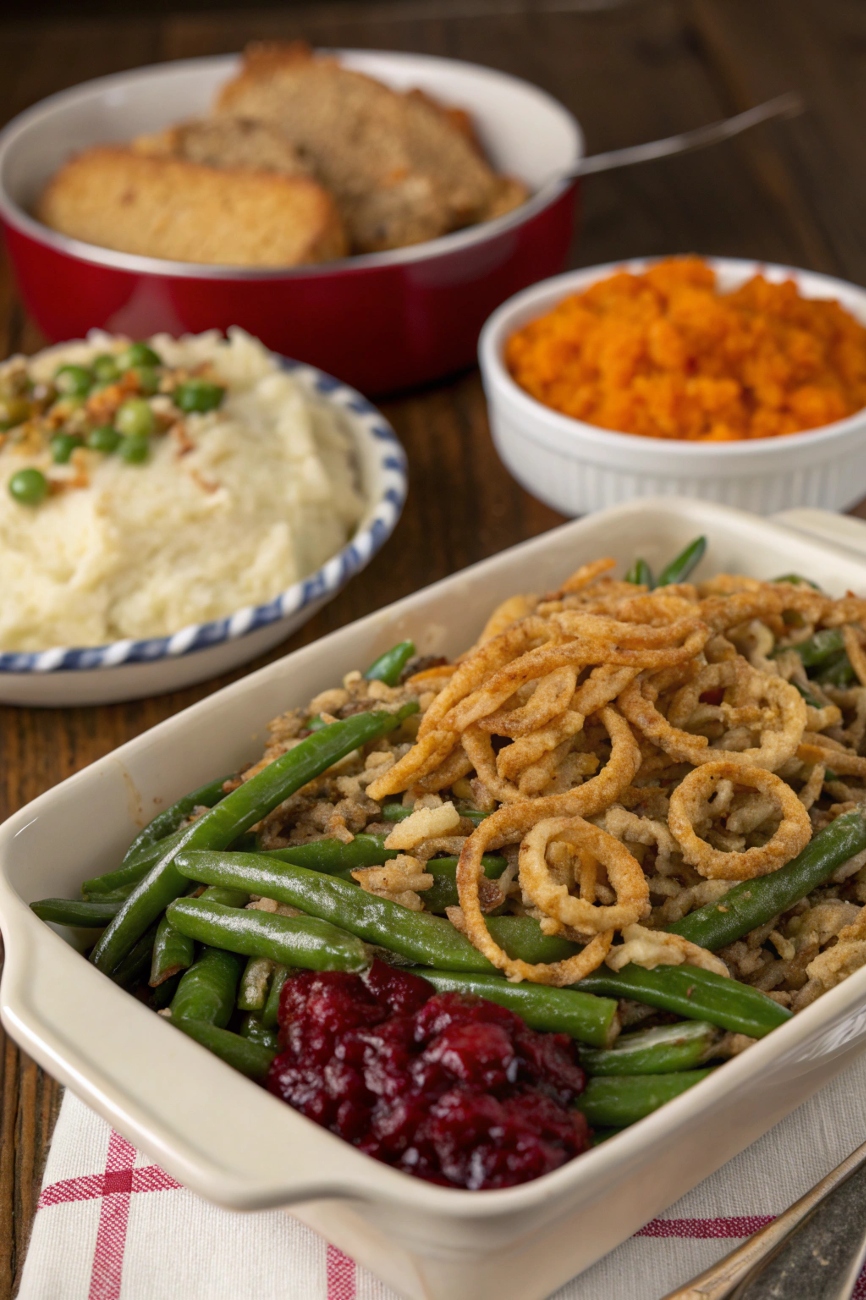 A serving of Green Bean Casserole alongside mashed potatoes, stuffing, glazed carrots, and cranberry sauce on a festive dinner table.