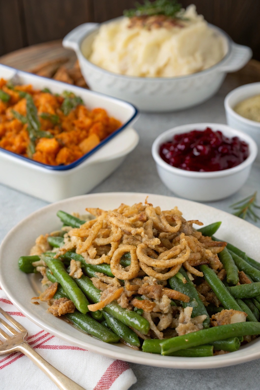 A plate of green beans topped with crispy fried onions, surrounded by bowls of mashed potatoes, sweet potato casserole, cranberry sauce, and gravy, perfect for a festive holiday meal.
