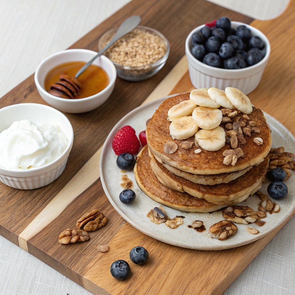 Pile of healthy, whole-grain pancakes topped with fresh fruit and a drizzle of maple syrup on a plate.