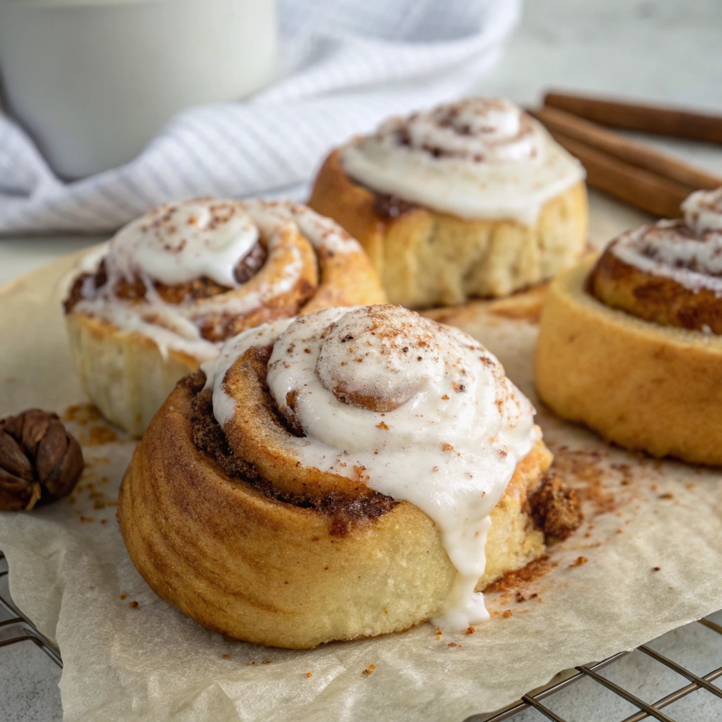 A plate of freshly baked cinnamon rolls topped with icing, served on a wooden table alongside a cup of coffee.