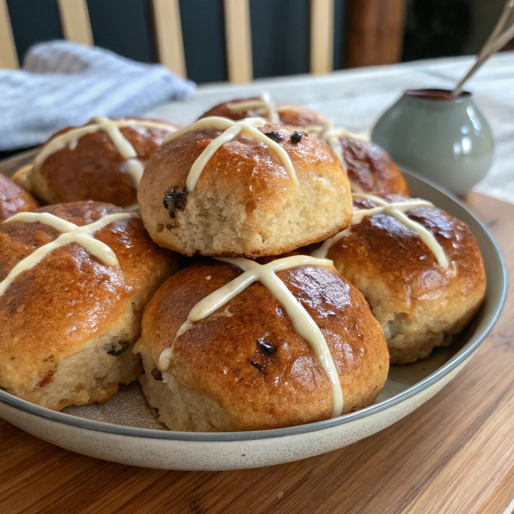A close-up of a freshly baked hot cross bun, highlighting its golden crust, glossy glaze, and the white cross on top.