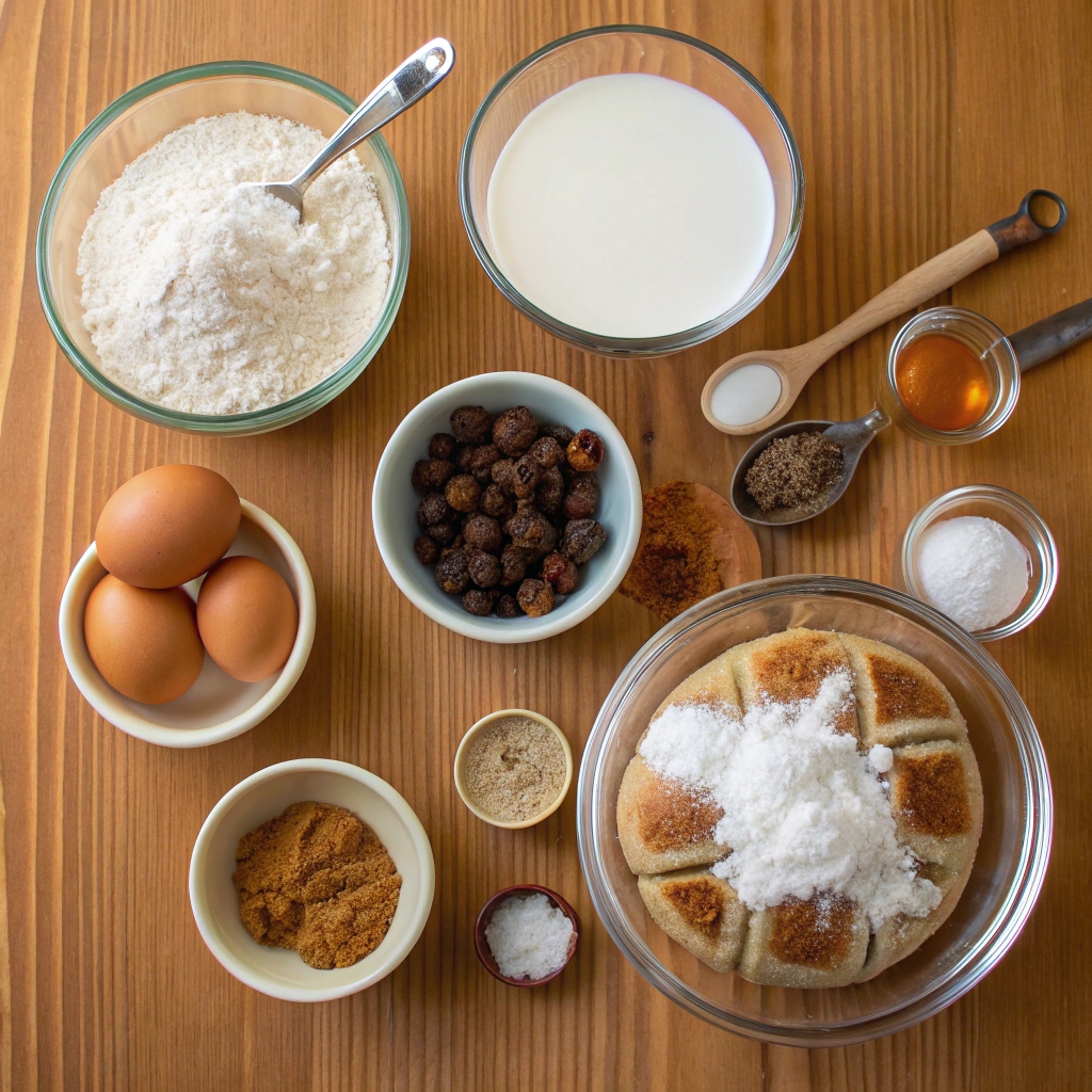 A colorful arrangement of ingredients for hot cross buns, including dried fruits, spices, flour, eggs, and butter