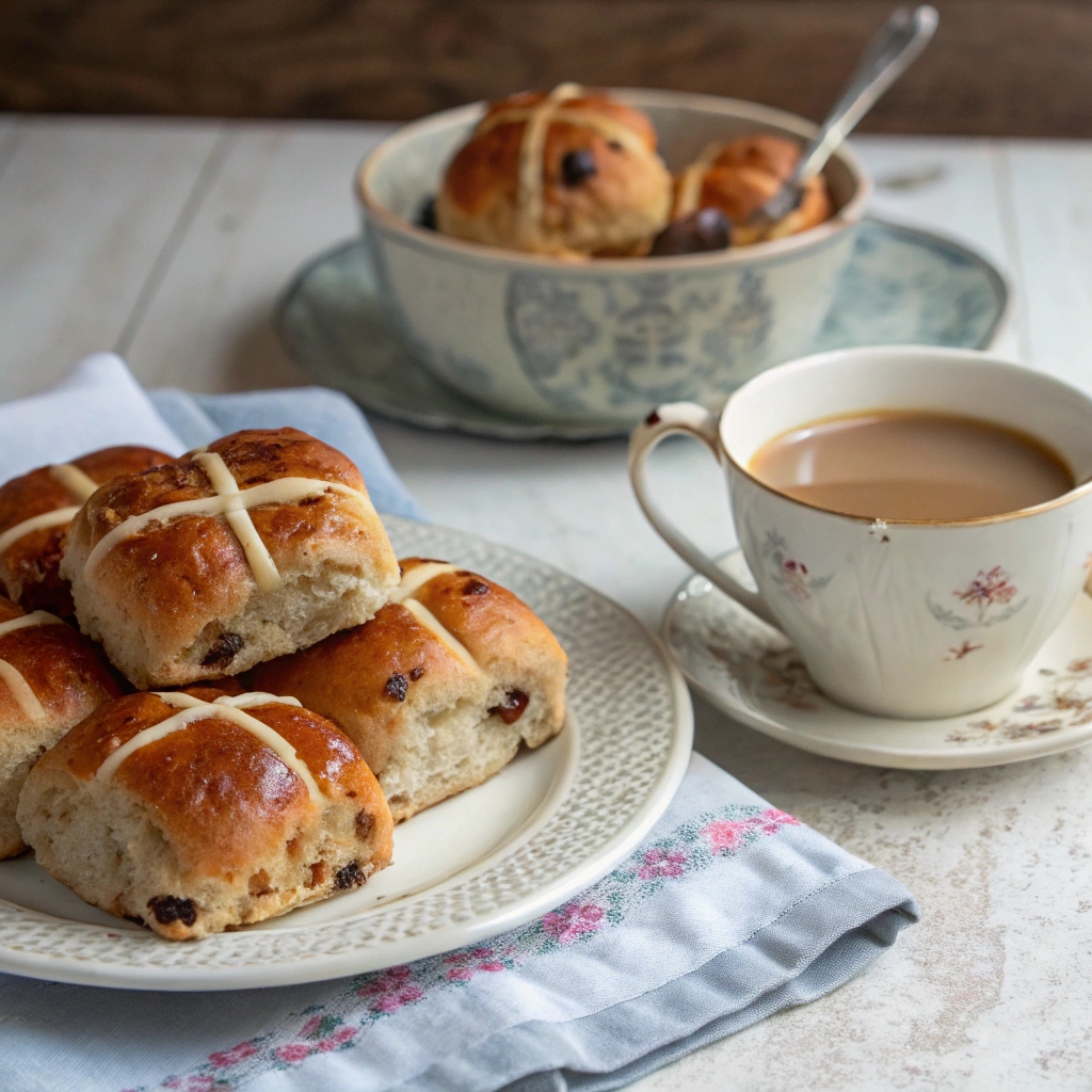 Hot cross buns served on a plate with a cup of coffee and a small dish of butter, ready to enjoy.