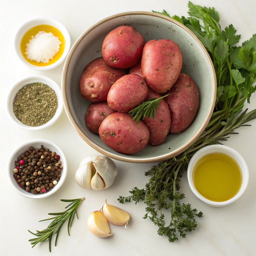 Ingredients for roasted new red potatoes including fresh potatoes, olive oil, garlic, herbs, and spices  