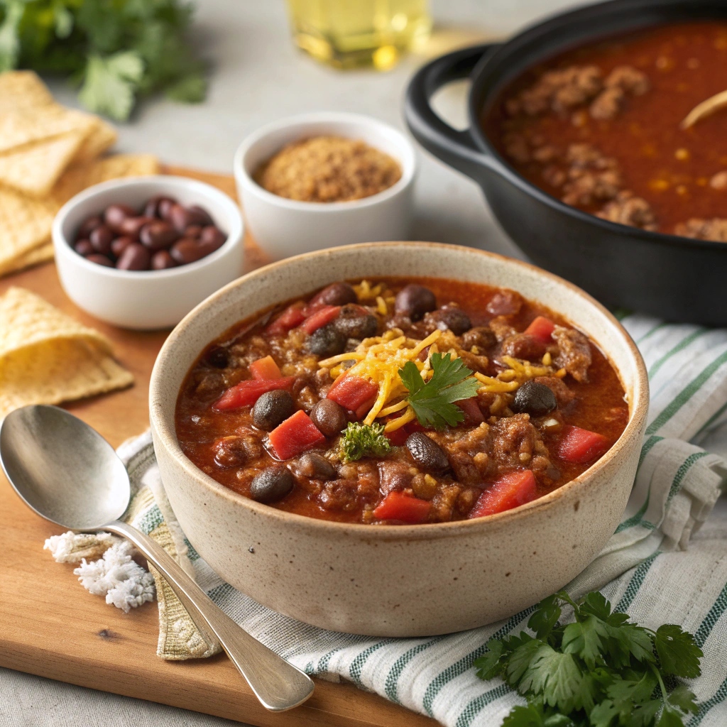 A bowl of hearty crockpot chili recipe topped with shredded cheese and cilantro, showcasing a mix of beans and vegetables—perfect for a warm meal.