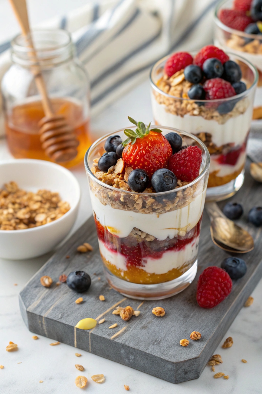 Layered yogurt parfait with fresh berries, granola, and honey in clear glass cups