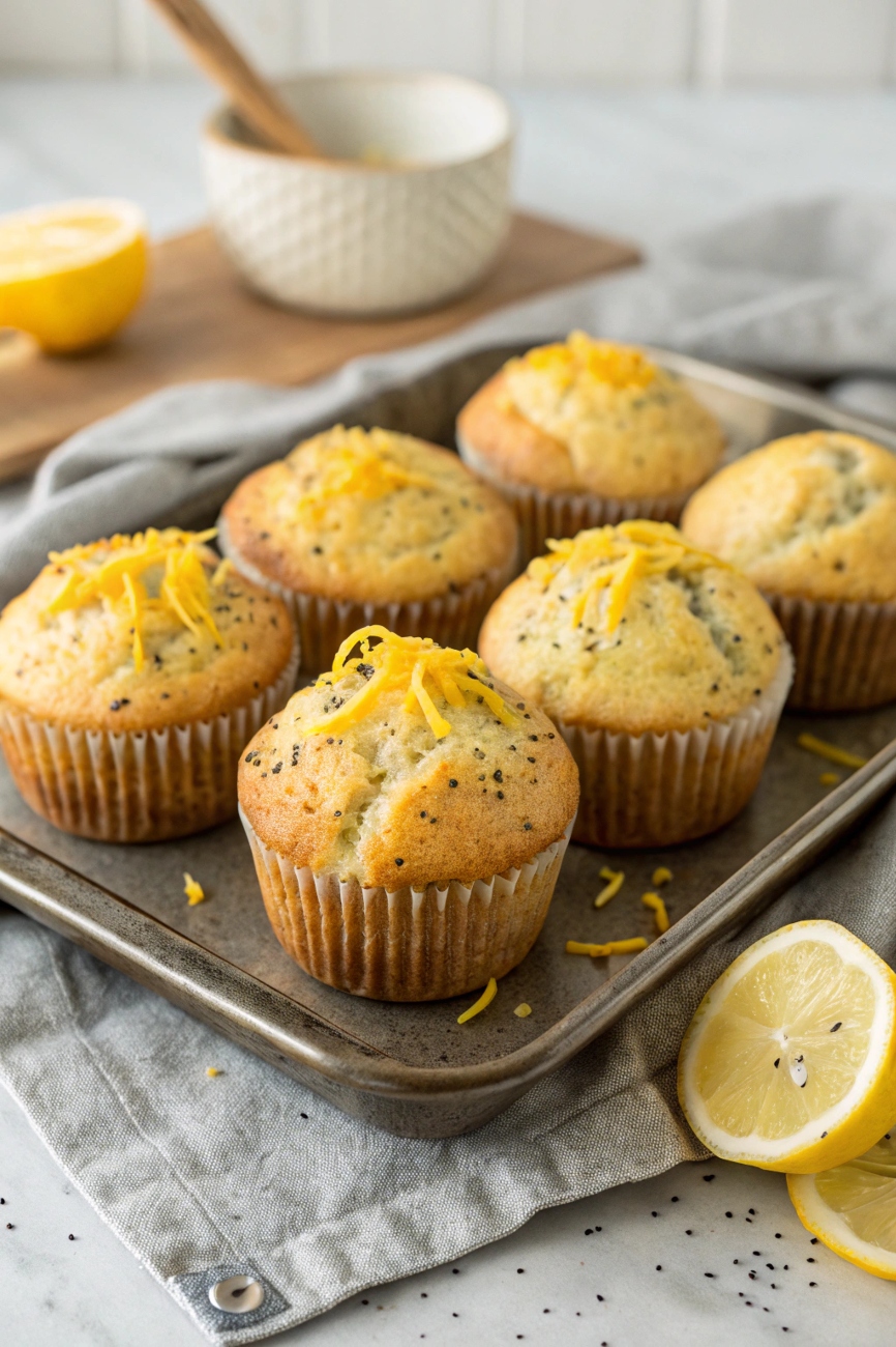Golden lemon poppy seed muffins topped with a lemon glaze and fresh lemon wedges  
