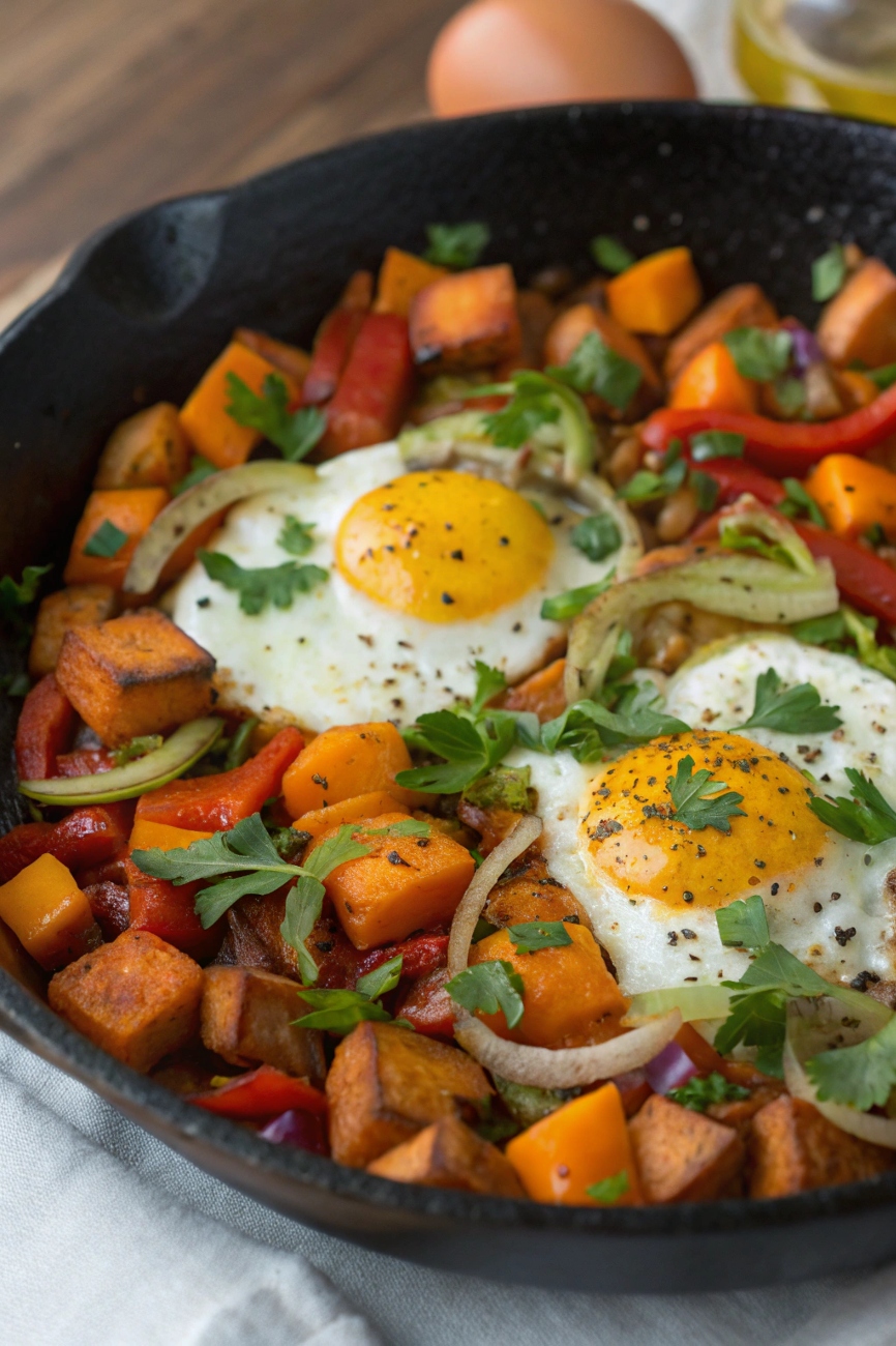 Colorful sweet potato hash with peppers, onions, and eggs garnished with fresh herbs  