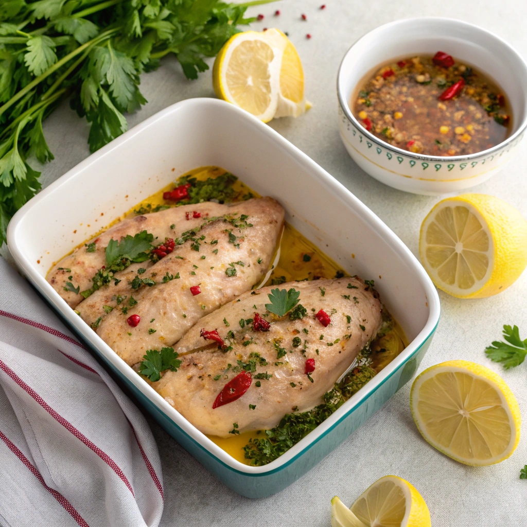Baked chicken breasts with herbs and lemon in a dish, next to a bowl of marinade and fresh lemons
